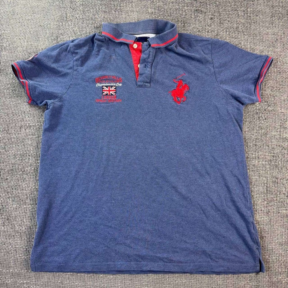 Beverly Hills Polo Club Polo Shirt Mens XL Blue Red Logo Championship Cup Y2K